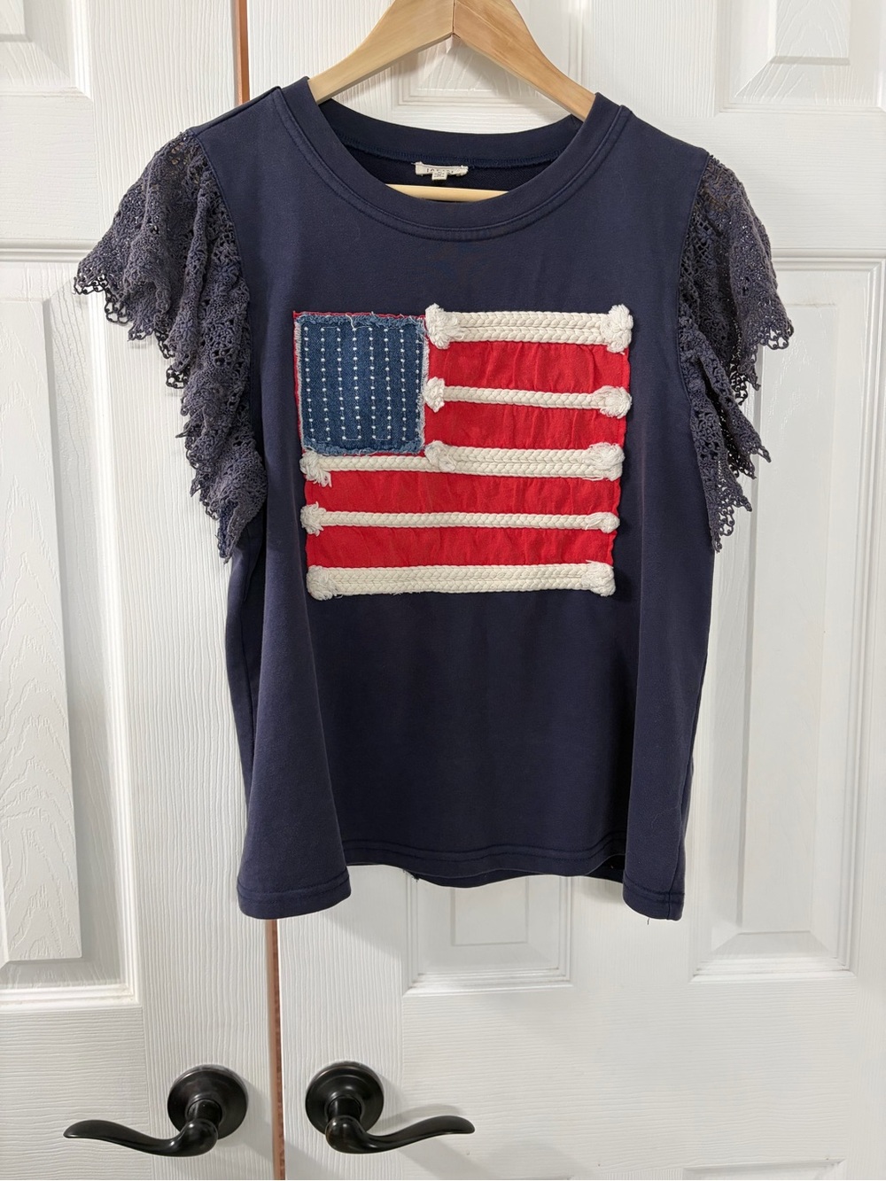 Jodifl Women’s Navy Flag Tee with Lace Sleeves